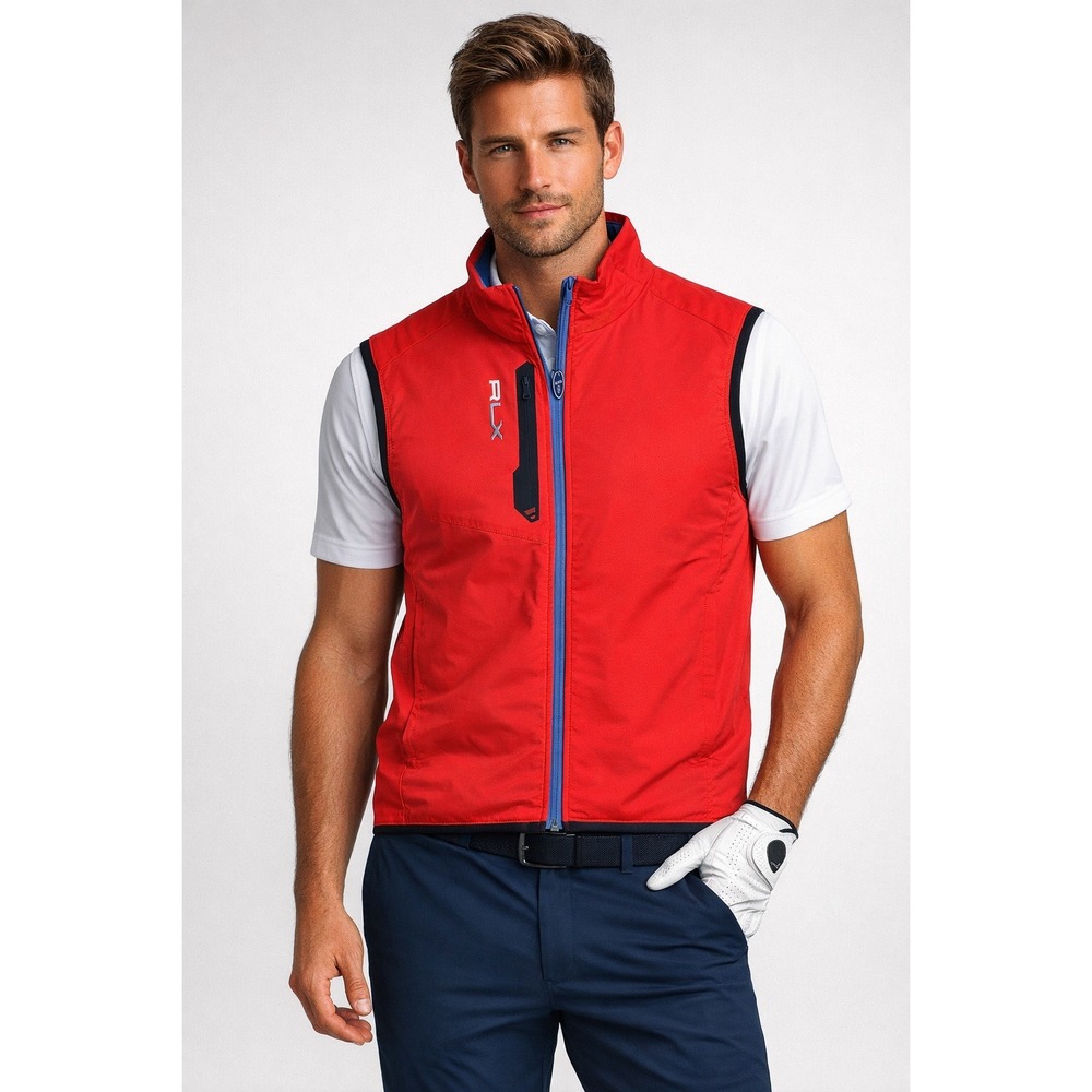 RLX Ralph Lauren Mens Red Performance Golf Vest Medium Full Zip